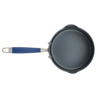 Seen from above, the Advanced Home 2-Quart Straining Saucepan features a round shape with hard-anodized construction. It includes nonstick surfaces, dual pouring spouts, and a blue handle secured by silver rivets.