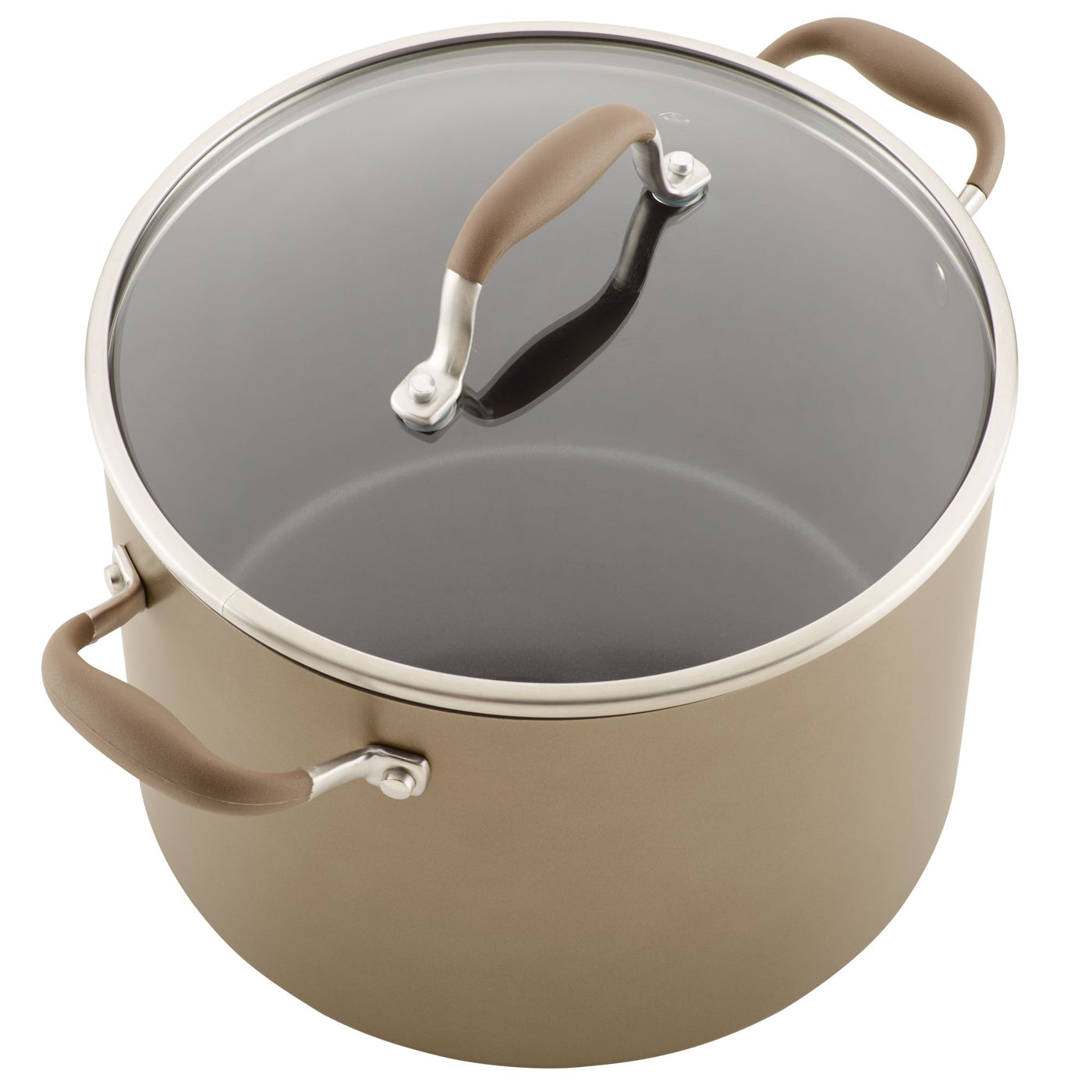 Introducing the 10-Quart Stockpot by Advanced Home: a spacious brown cookware piece designed with a glass lid and two sturdy handles. The handles feature beige, non-slip grips for safety and convenience. This wide stockpot ensures excellent heat distribution and is crafted specifically for stovetop use with a sleek design.