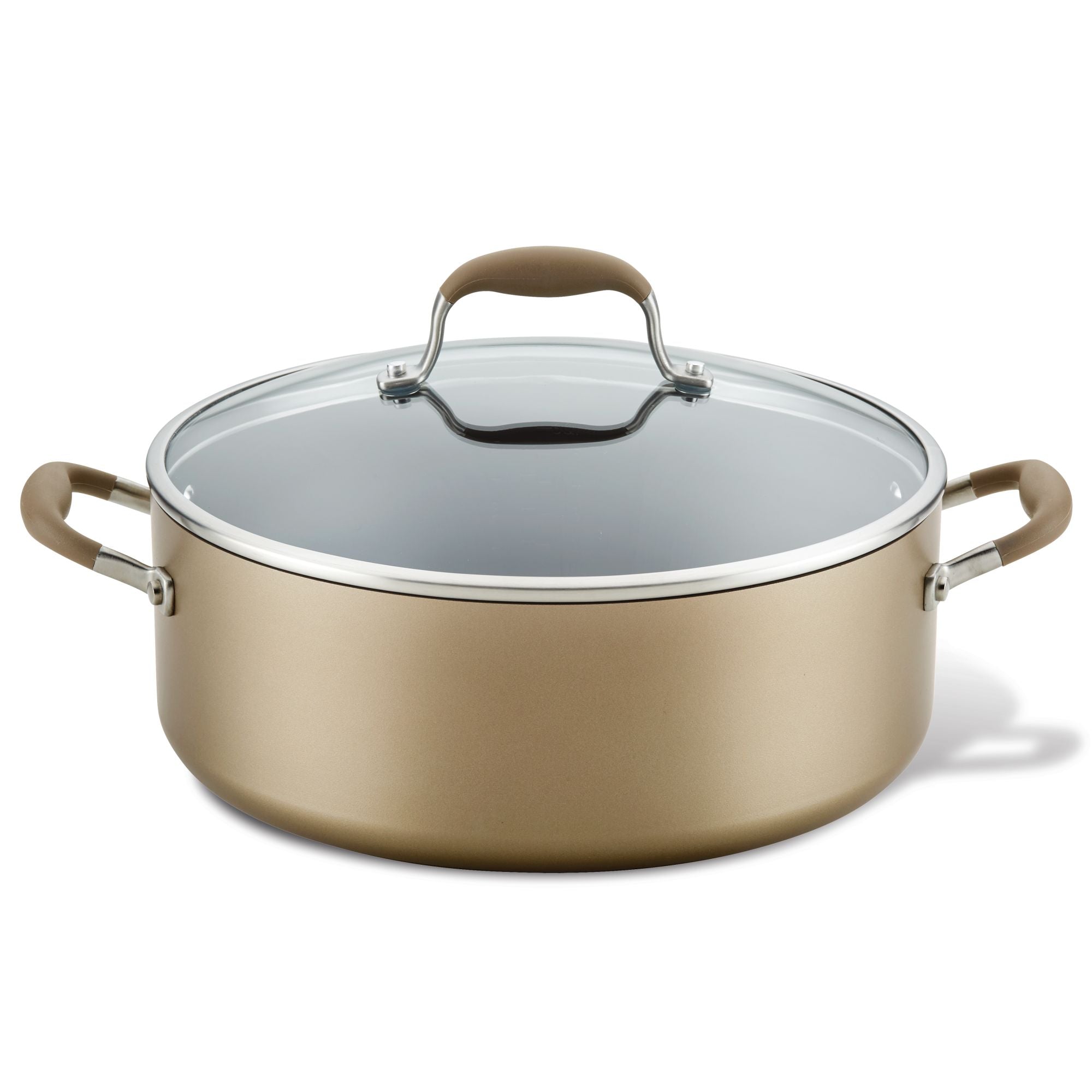 The Advanced Home 7.5-Quart Stockpot is a large, round, golden-brown pot with excellent heat distribution and features a glass lid. It includes two side handles and a matching handle on the lid for easy maneuvering.