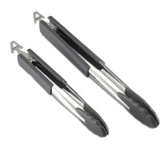 The 2-Piece SureGrip Locking Tong Set from Tools and Gadgets is displayed side by side, highlighting their top view. These tongs feature black rubber grips with gray tips, a simple locking mechanism, a loop for hanging at the handle end, and are crafted from heat-resistant, dishwasher-safe nonstick nylon.