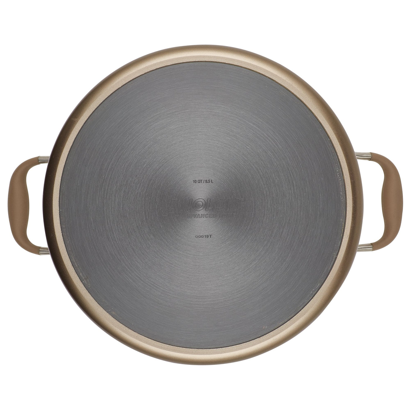 Top view of a 10-Quart Stockpot by Advanced Home, featuring a round, metallic gray design with a gold-colored rim and two ergonomically shaped brown side handles. The nonstick surface showcases circular brushed patterns for excellent heat distribution and even cooking.