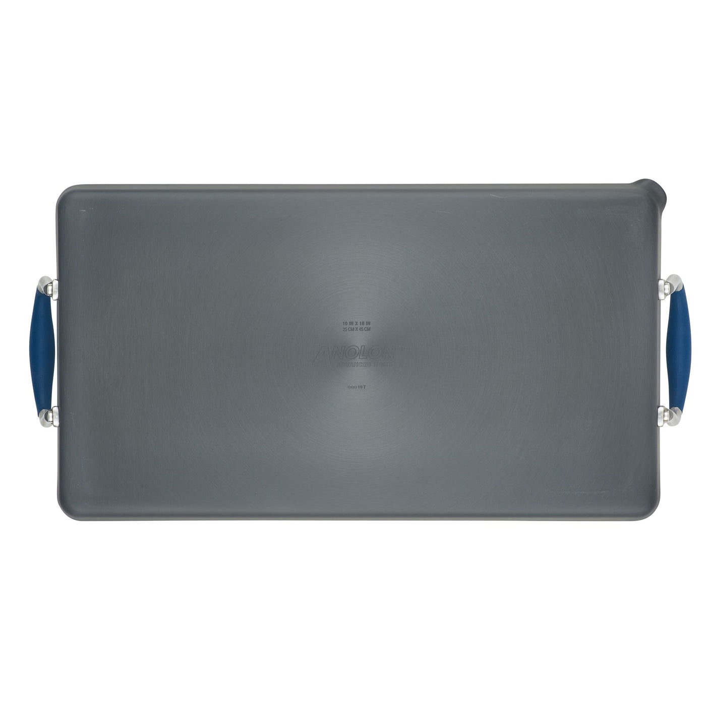 The Advanced Home 10 x 18-Inch Double Burner Griddle with Multi-Purpose Rack features blue SureGrip handles on both sides and is shown from above against a white background.