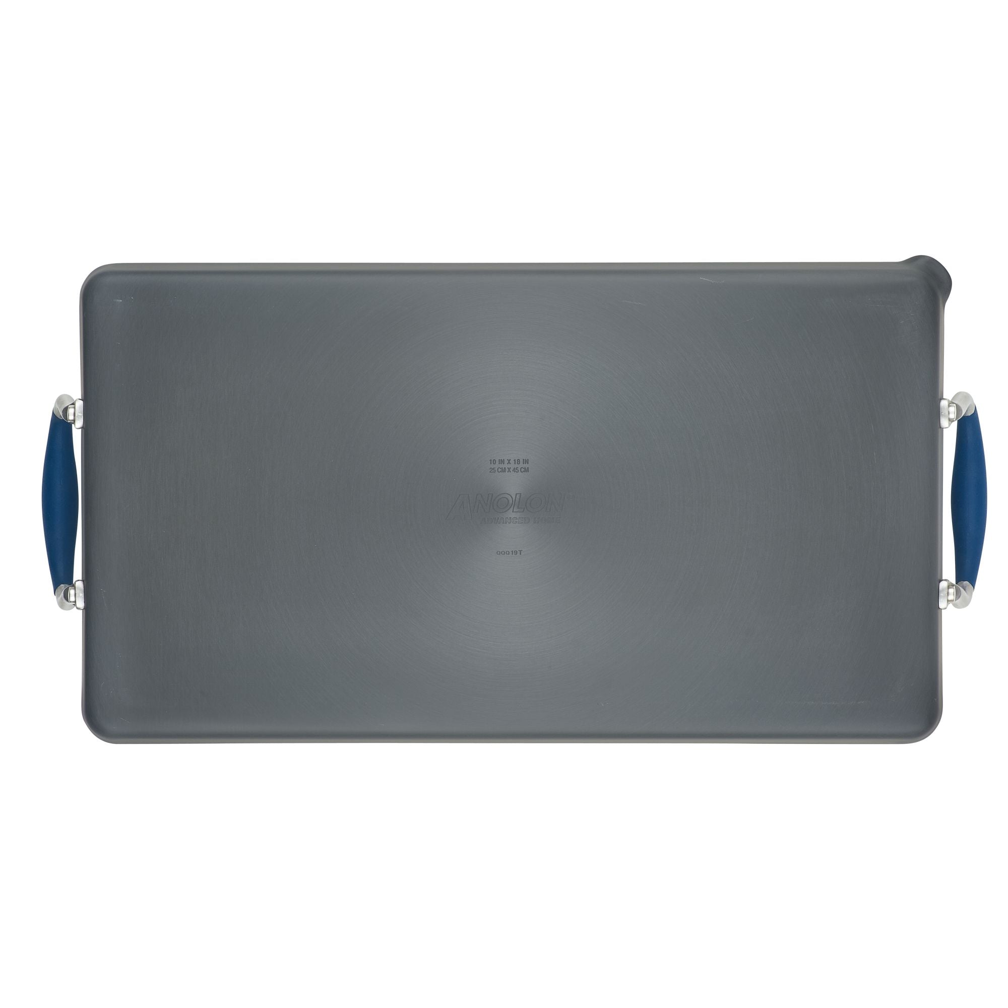 The Advanced Home 10 x 18-Inch Double Burner Griddle with Multi-Purpose Rack features blue SureGrip handles on both sides and is shown from above against a white background.