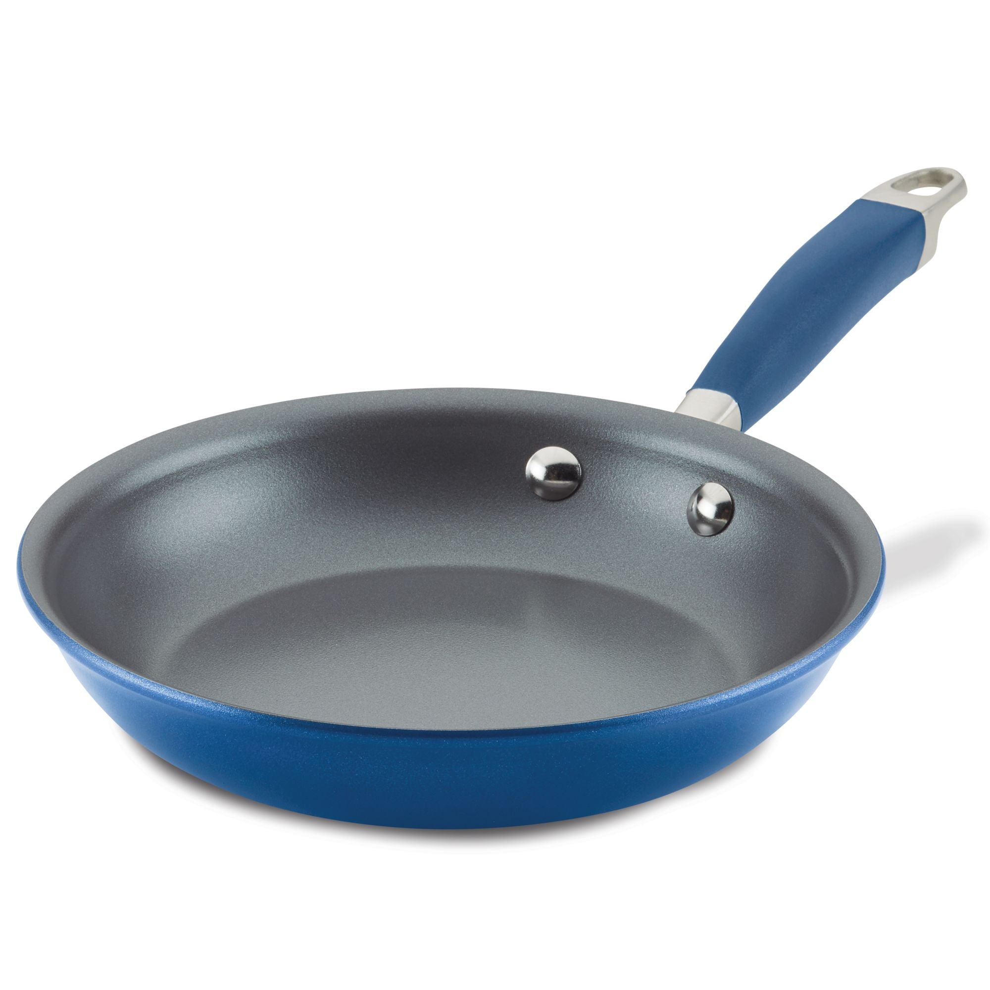 The Advanced Home Frying Pan features a blue Infinity Slide nonstick coating with a metallic interior and a handle designed with a hole for hanging. The pan is angled to highlight its smooth surface and robust construction.