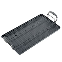 The Advanced Home 10 x 18-Inch Double Burner Griddle includes a multi-purpose rack and features the Infinity Slide System for easy food release and cleanup. It has a large SureGrip handle and is perfect for grilling or cooking.