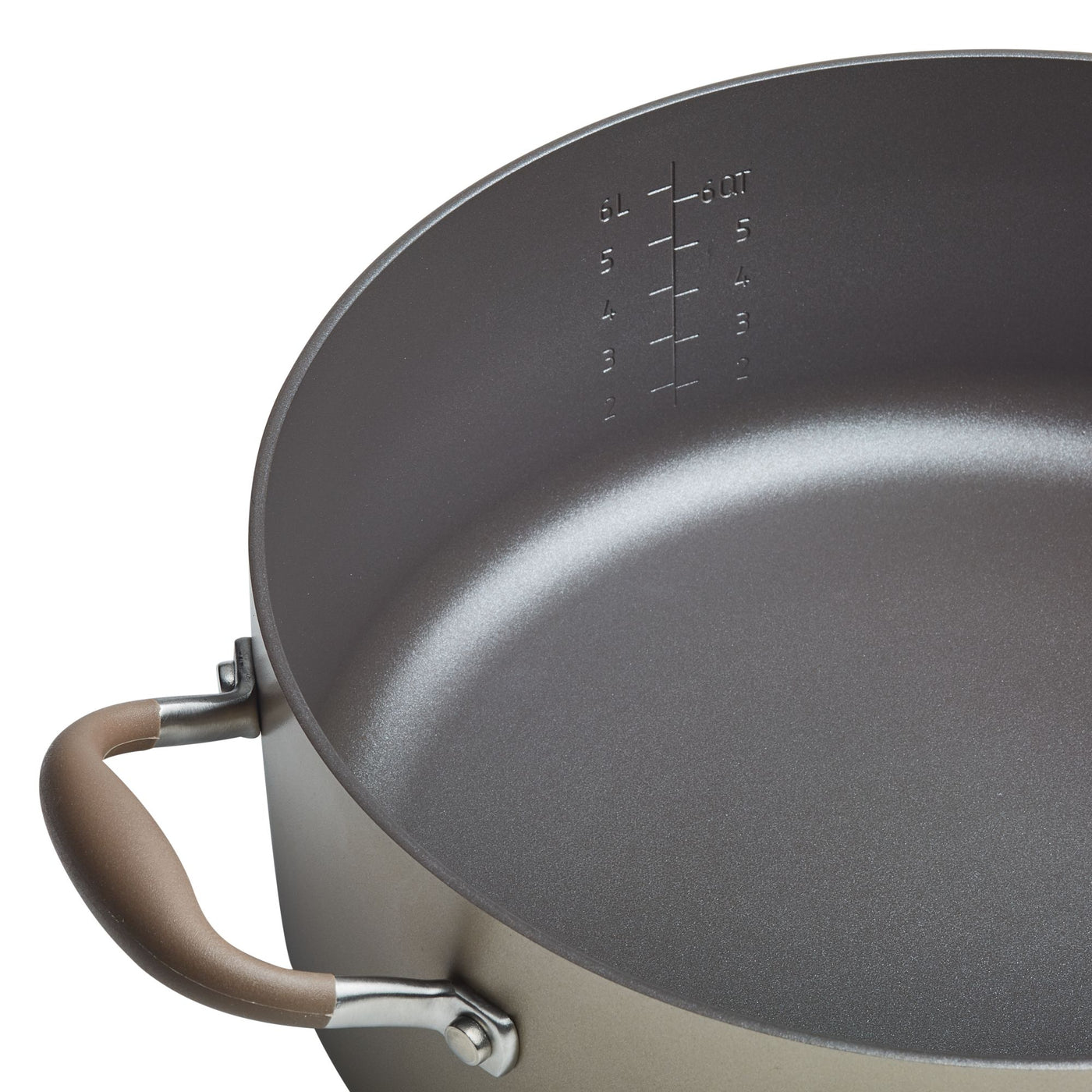 A close-up of the Advanced Home 7.5-Quart Stockpot reveals measurement markings on the inside, along with two handles featuring tan grips for easy transportation. Its nonstick interior ensures even heat distribution for perfect cooking results.