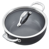 The Anolon X 4-Quart Hybrid Nonstick Casserole Pan in black features a grid pattern for an ultra-durable nonstick finish. It has a glass lid with a stainless steel handle, shiny stainless steel rim and handles, offering both style and functionality.