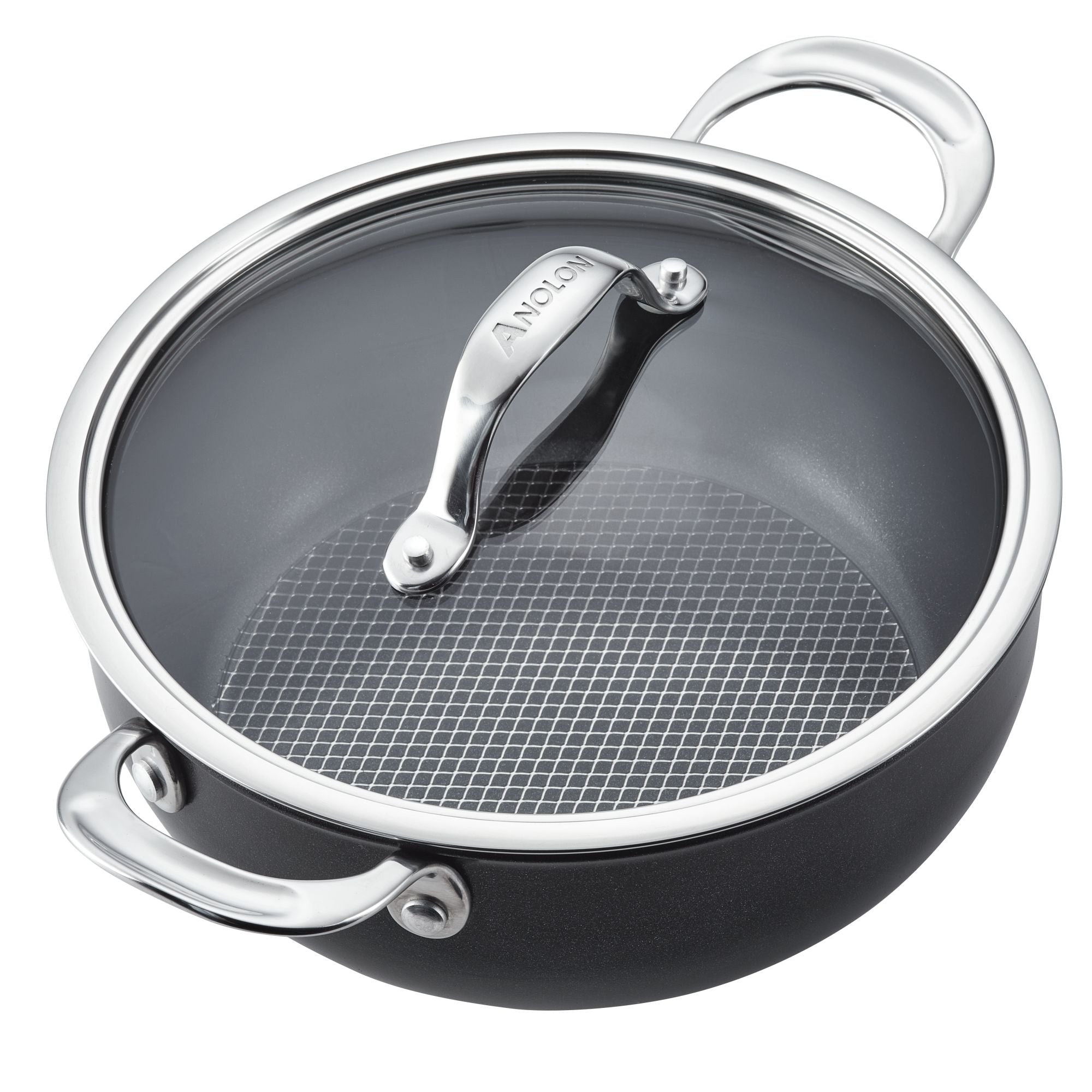The Anolon X 4-Quart Hybrid Nonstick Casserole Pan in black features a grid pattern for an ultra-durable nonstick finish. It has a glass lid with a stainless steel handle, shiny stainless steel rim and handles, offering both style and functionality.