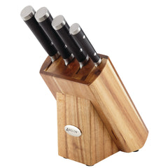 An elegant wooden knife block, featuring a metallic label from Cutlery - Clearance, showcases the premium 5-Piece Imperion Damascus Knife Block Set with its exquisite black-handled knives. The block is designed at a slanted angle, and the knife handles are adorned with stunning silver accents.