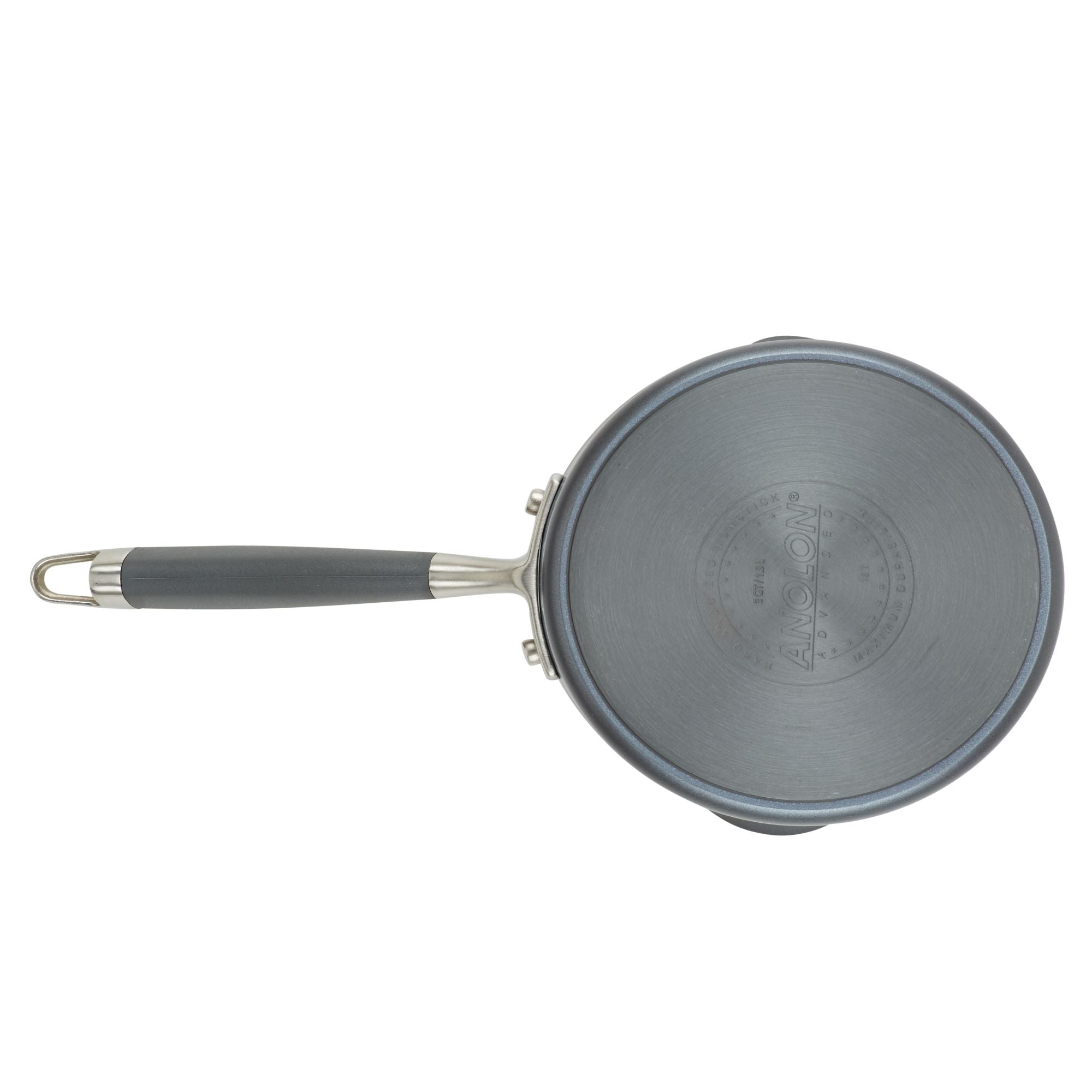 Top view of the 2-Quart Straining Saucepan by Advanced Home, showcasing a black handle attached with metal rivets. It features a circular base with embossed text and markings and has a brushed metallic finish that highlights its hard-anodized durability.