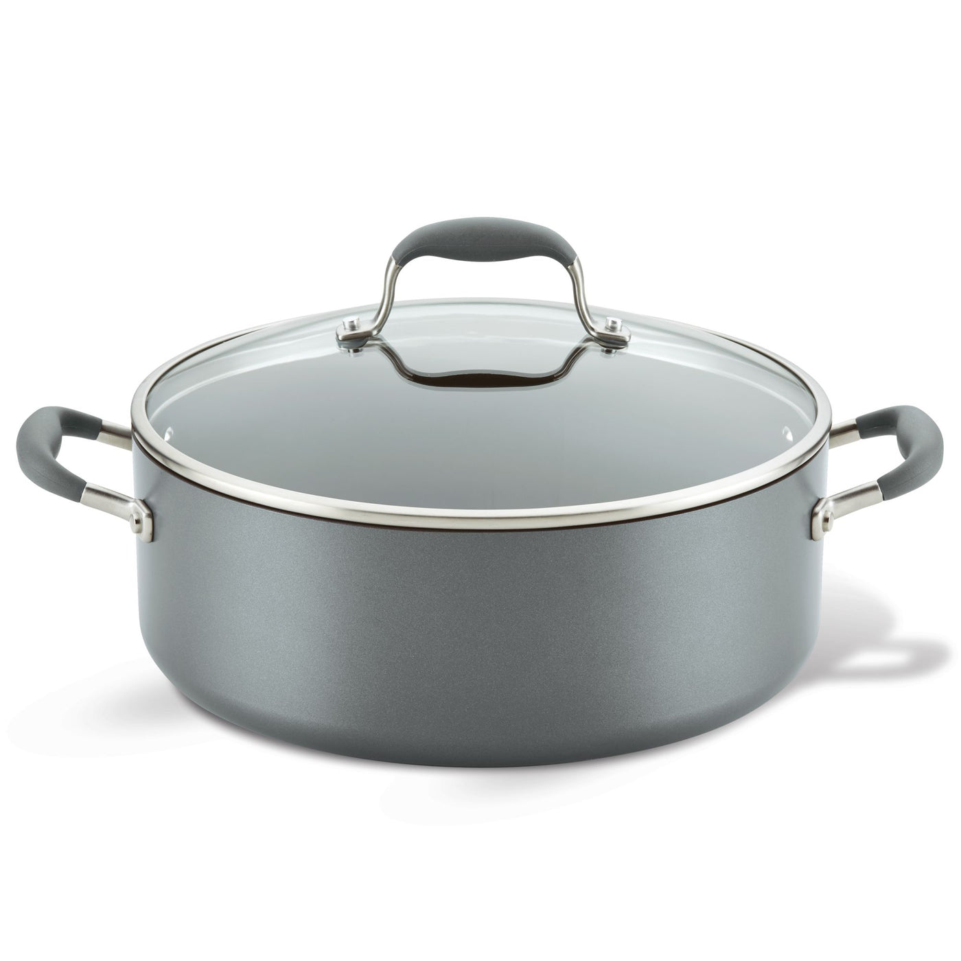 The Advanced Home 7.5-Quart Stockpot is a large gray, nonstick pot featuring excellent heat distribution. It boasts a modern yet simple design with two side handles and a transparent glass lid that includes a central knob for easy lifting.