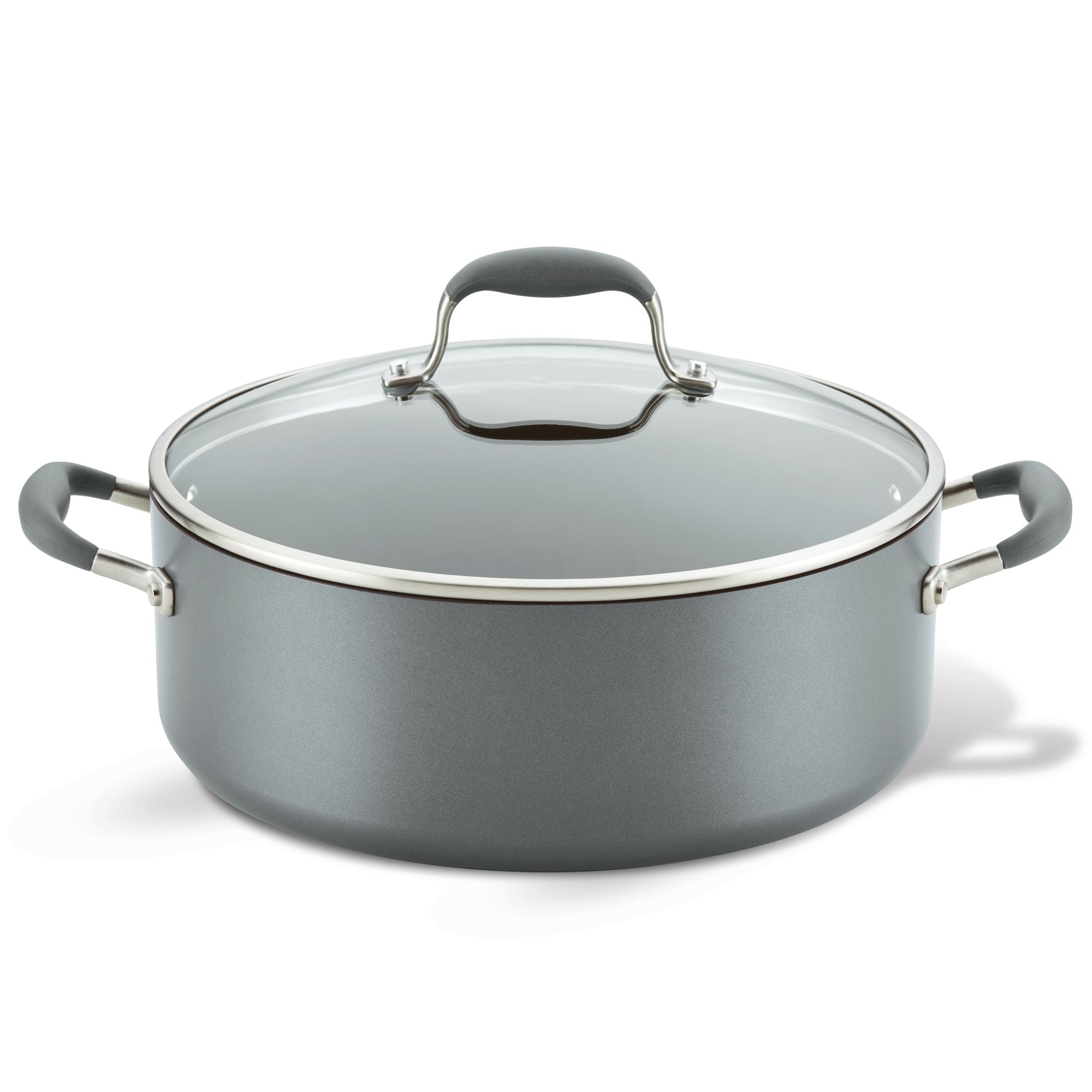 The Advanced Home 7.5-Quart Stockpot is a large gray, nonstick pot featuring excellent heat distribution. It boasts a modern yet simple design with two side handles and a transparent glass lid that includes a central knob for easy lifting.