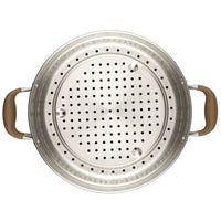 Here is a rephrased sentence using the given product data:

Top view of the Advanced Home 8.5-Quart Wide Stockpot with Multi-Function Insert, featuring a stainless steel colander with numerous small holes for draining, designed to fit perfectly inside the stockpot. It includes two brown handles on the sides for easy lifting, and its surface is shiny and reflective.