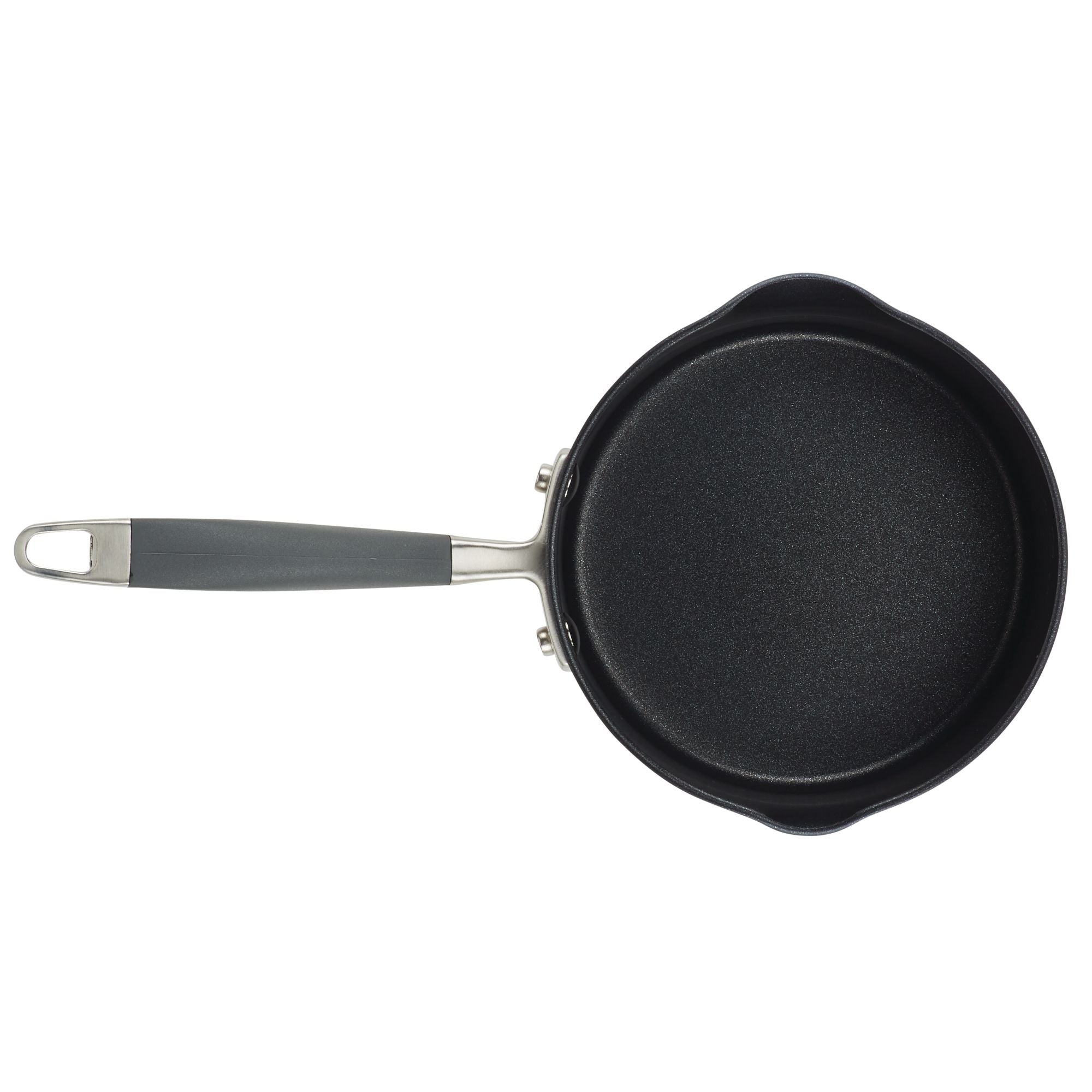 A hard-anodized saucepan with a nonstick surface and a grey handle, featuring two spouts, is viewed from above on a white background. The product is the 2-Quart Straining Saucepan by Advanced Home.