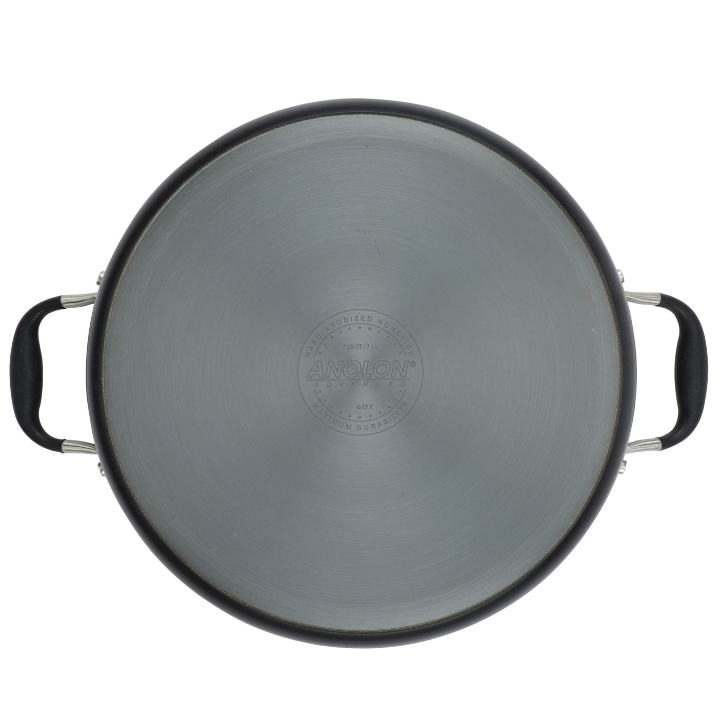 The 7.5-Quart Stockpot from Advanced Home is a large, round nonstick metal pan featuring two black handles on either side. The bottom displays a circular engraved brand logo and text, while its smooth and slightly reflective surface ensures excellent heat distribution for even cooking.
