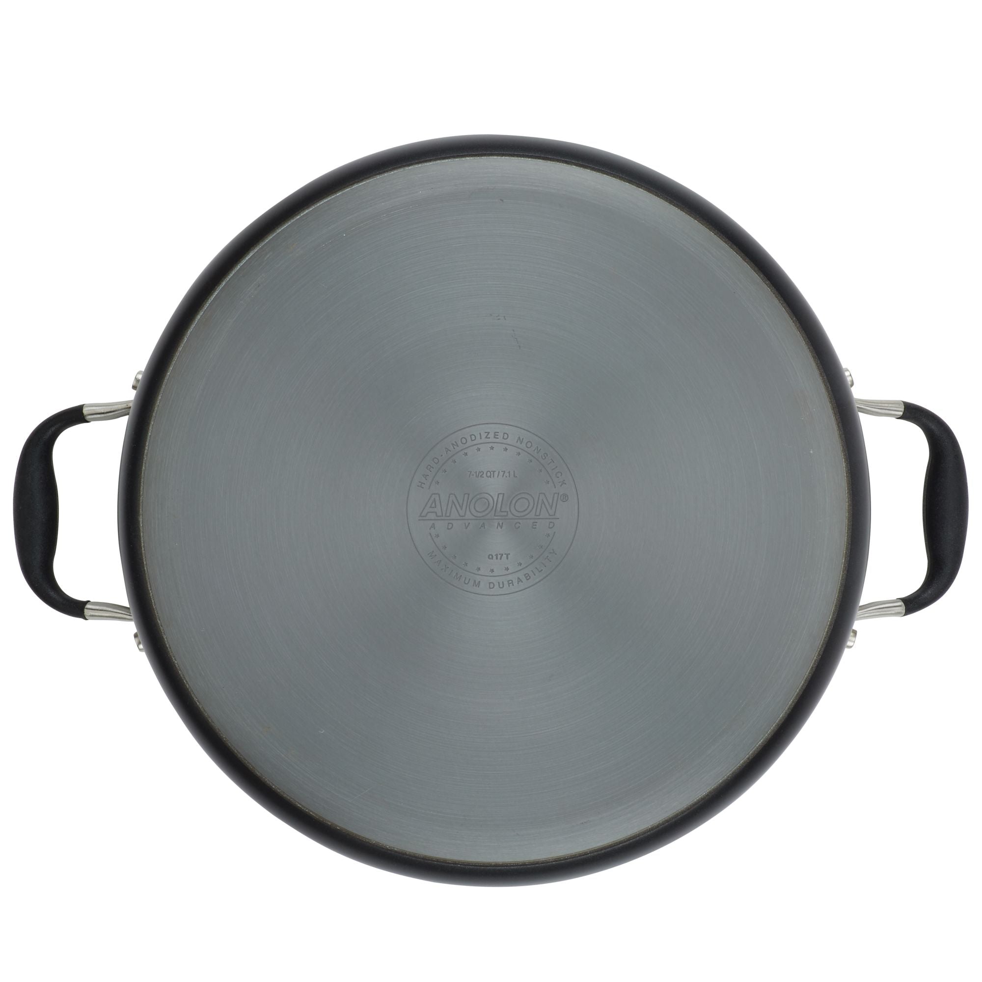 The 7.5-Quart Stockpot from Advanced Home is a large, round nonstick metal pan featuring two black handles on either side. The bottom displays a circular engraved brand logo and text, while its smooth and slightly reflective surface ensures excellent heat distribution for even cooking.