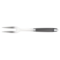 The SureGrip Meat Fork by Tools and Gadgets is a sleek utensil with a black handle, crafted from stainless steel, and featuring two sharp prongs ideal for carving and serving, all elegantly showcased on a pristine white background.