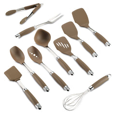 The 10-Piece SureGrip Utensil Set from Tools and Gadgets includes a variety of brown kitchen tools like a whisk, tongs, meat fork, soup ladle, slotted turners, solid turners, and mixing spoons. Each utensil is nonstick-safe with a stainless steel handle enhanced by a brown silicone grip and is designed to be dishwasher safe for convenient cleaning.