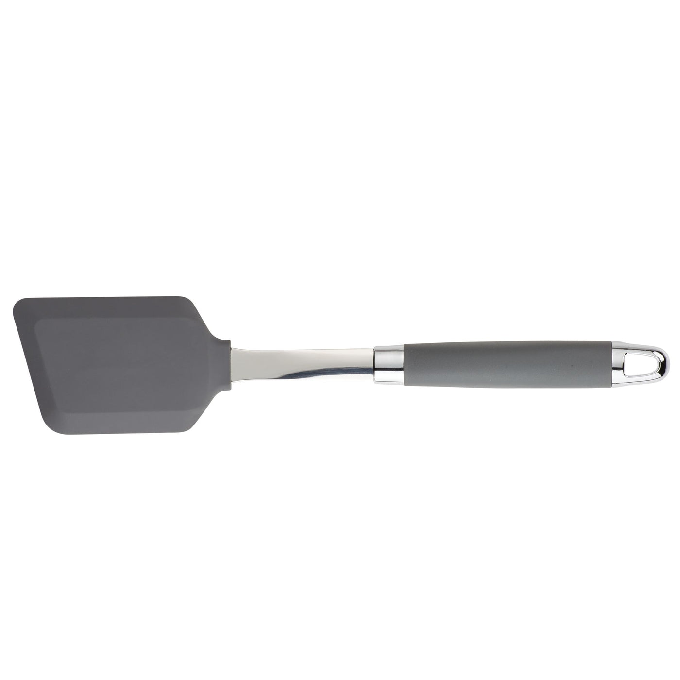 The SureGrip Spatula Spoonula from the Tools and Gadgets collection is featured on a white background, showcasing its gray silicone head with a flat, rectangular design. The spatula includes a chrome handle with a comfortable rubber grip, perfect for use with nonstick cookware.