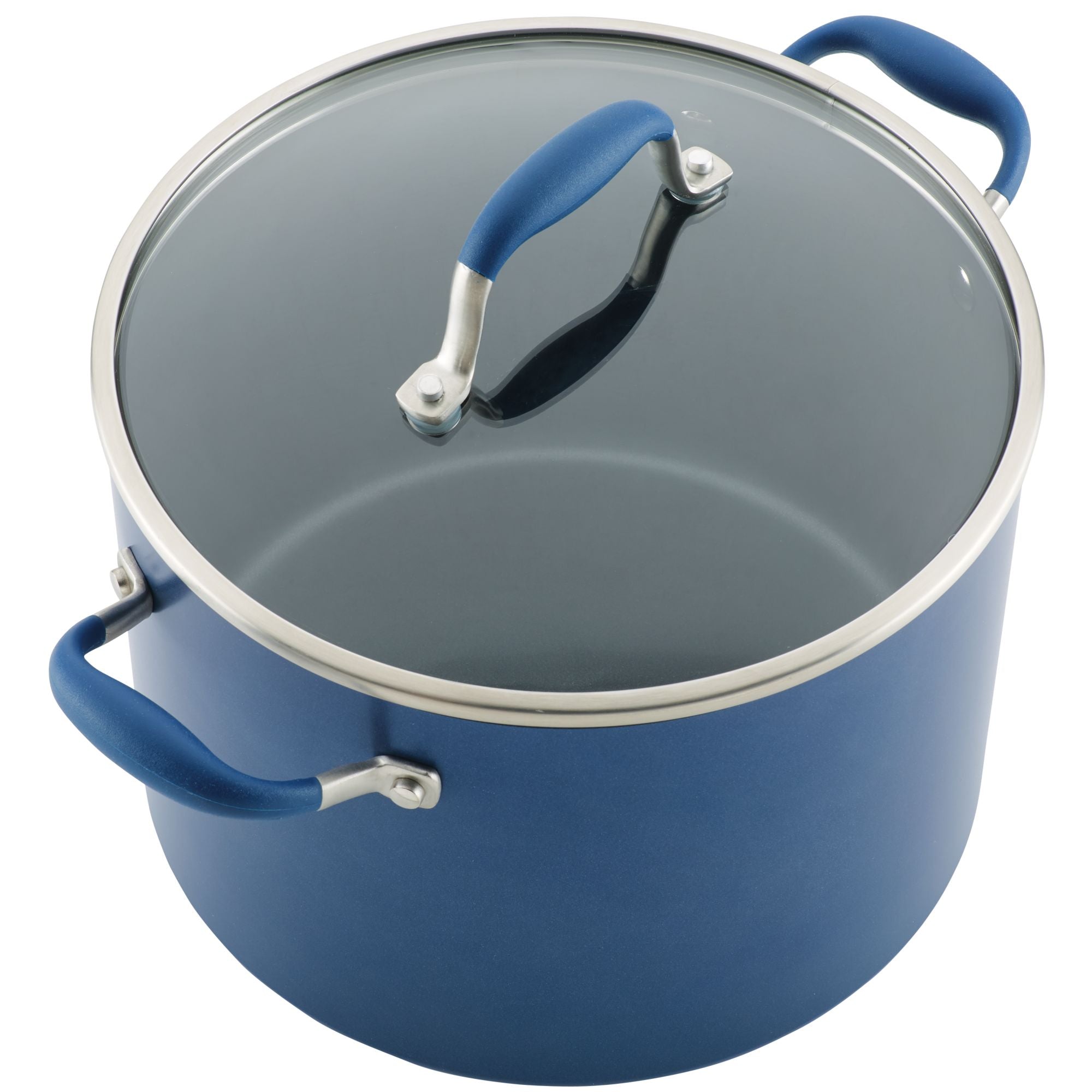 Introducing the Advanced Home 10-Quart Stockpot: This spacious blue nonstick cooking pot comes with a glass lid featuring a matching blue handle and two convenient side handles. The wide stockpot is accentuated by a shiny metal rim and is designed from durable material, ensuring even heat distribution to meet all your culinary needs.