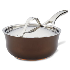 The 2.5-Quart Saucier with Lid by Nouvelle Luxe, crafted in stainless steel with a shiny handle and modern design, offers flawless heat control and is showcased on a white background.