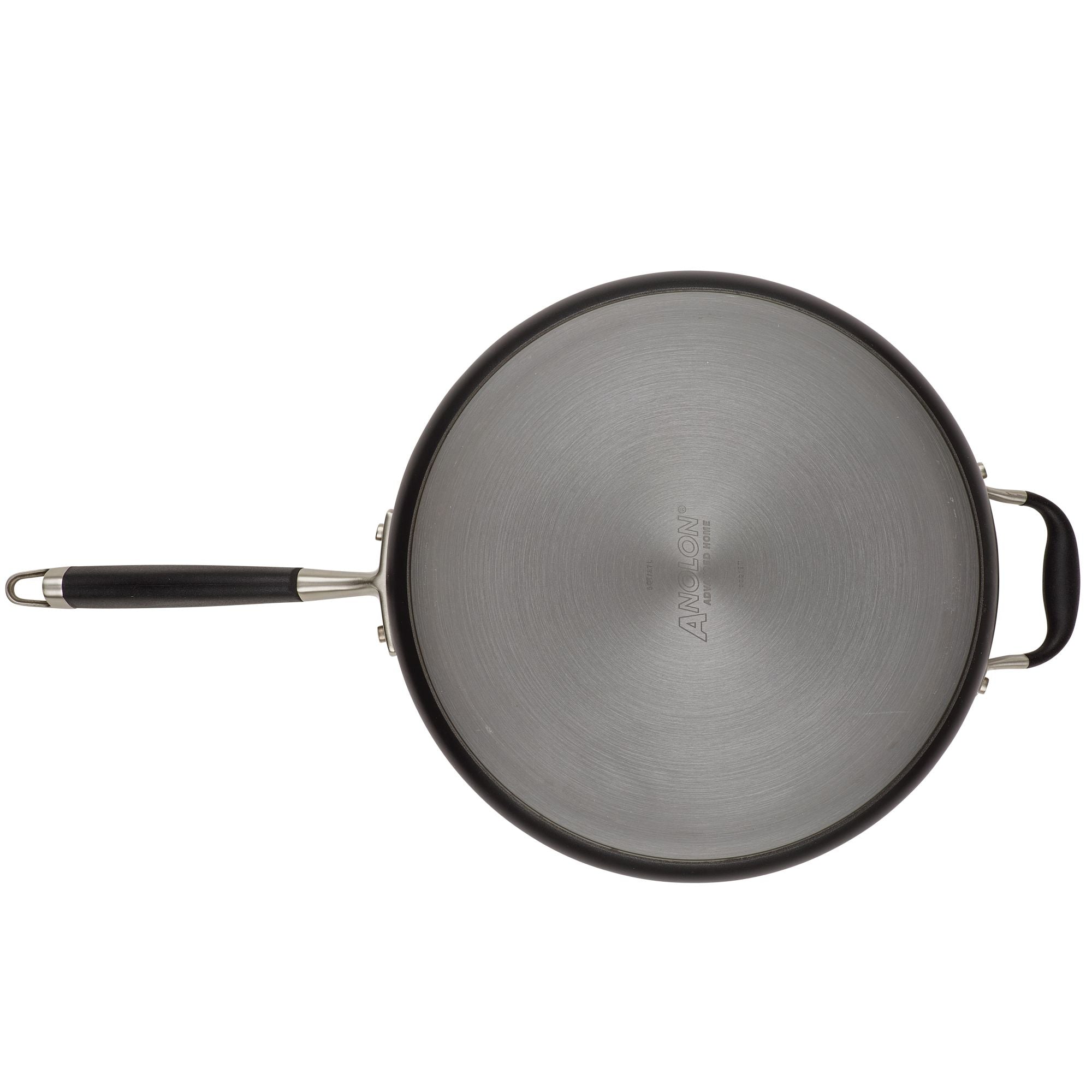 A top view of the Advanced Home 5-Quart Sauté Pan with a nonstick surface, featuring a black handle and an additional helper handle opposite, elegantly paired with a matching glass lid, all set against a crisp white background.