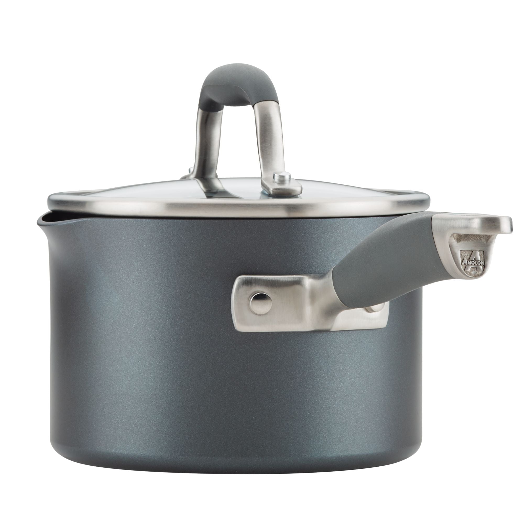 Introducing the 2-Quart Straining Saucepan by Advanced Home: a gray, nonstick saucepan with a glass lid, designed with a smooth, metallic handle for a secure grip. It features hard-anodized durability and includes a spout for easy pouring.