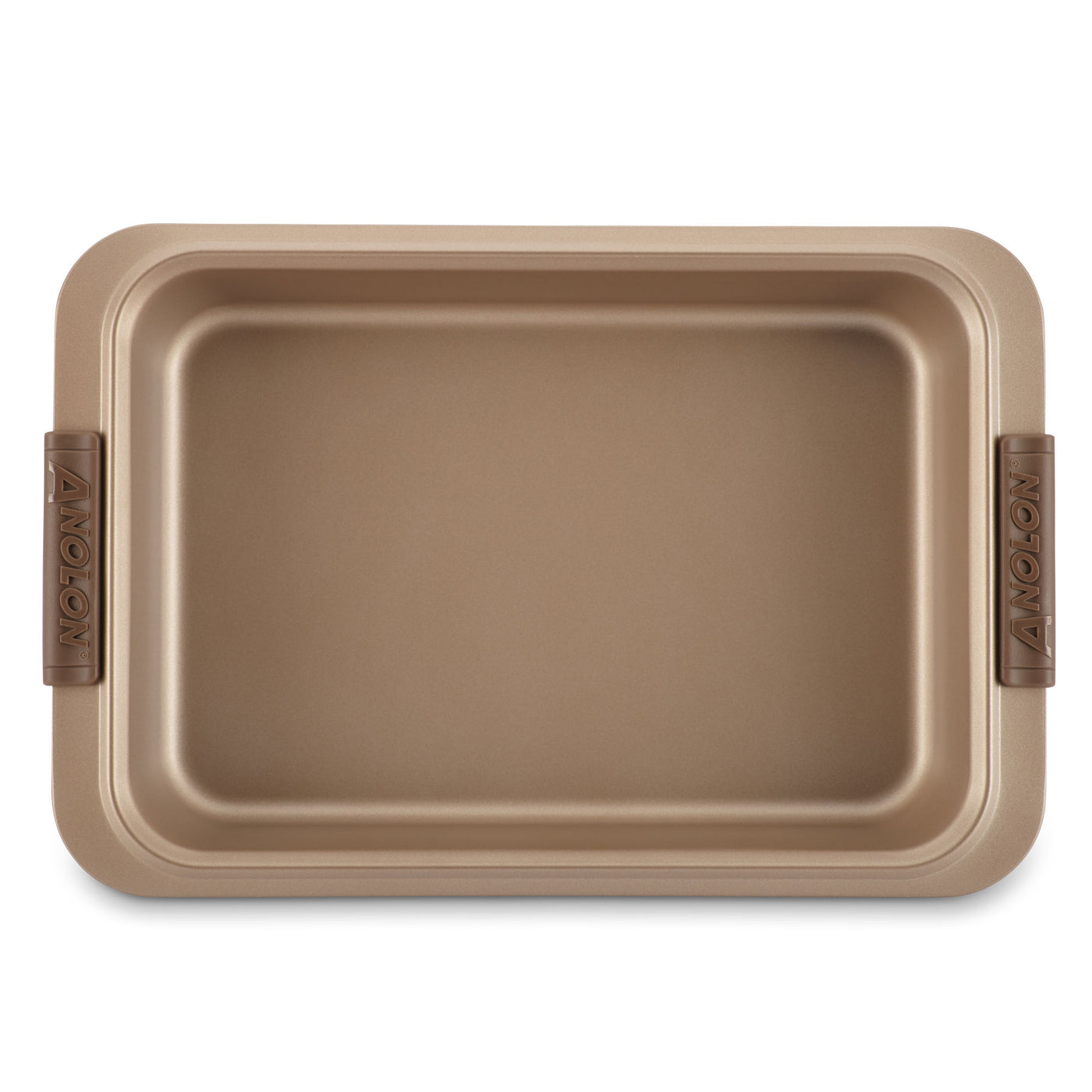 The Advanced 9 x 13-Inch Cake Pan with Lid features wide edges, brown silicone handles, a metallic gold finish, smooth nonstick interior, and a stylish design for easy handling.