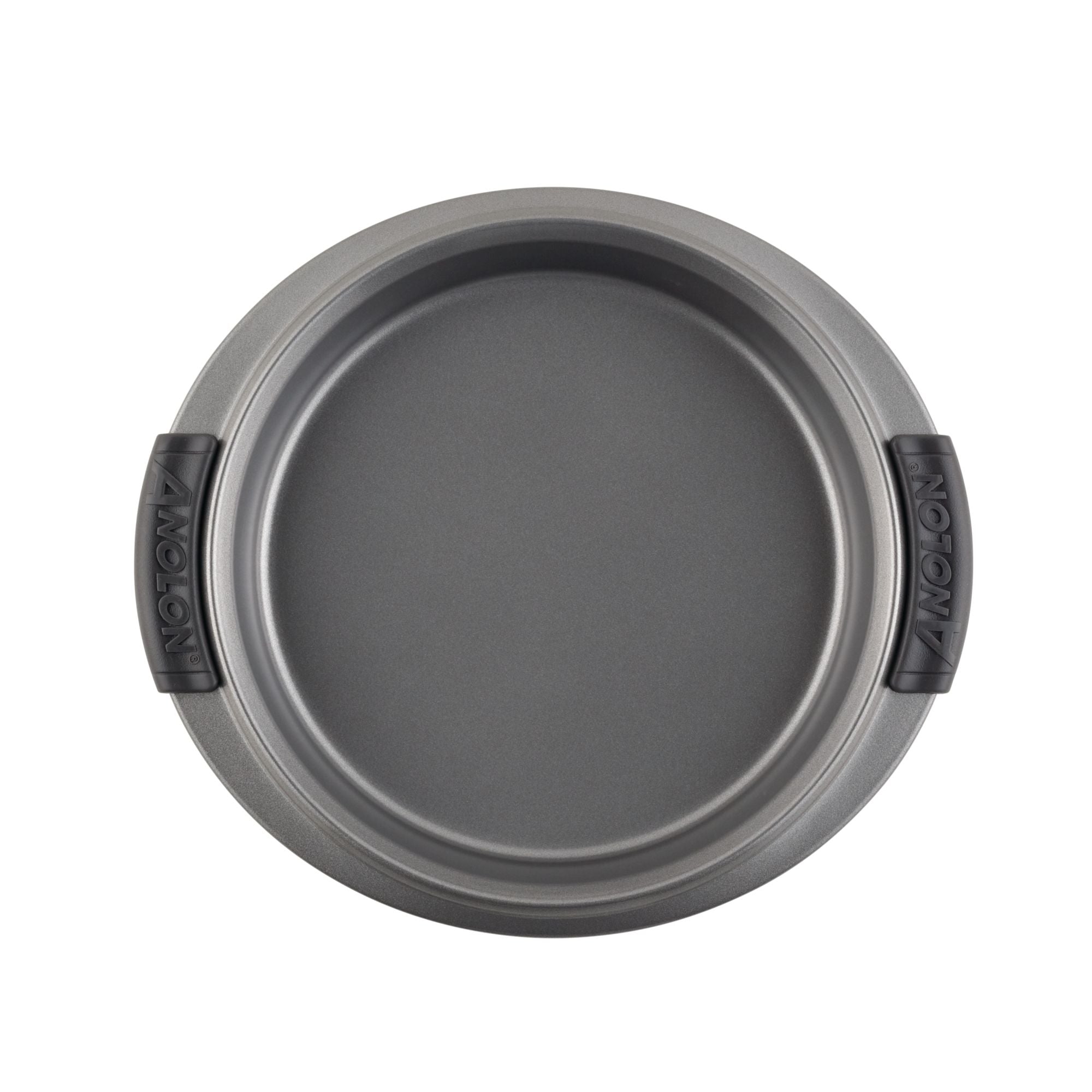 A 9-inch round, nonstick cake pan with gray silicone grips on its handles, designed for creating perfect cake layers. This gray Advanced pan has the brand name embossed on the grips and stands out against a white background when shot from above.