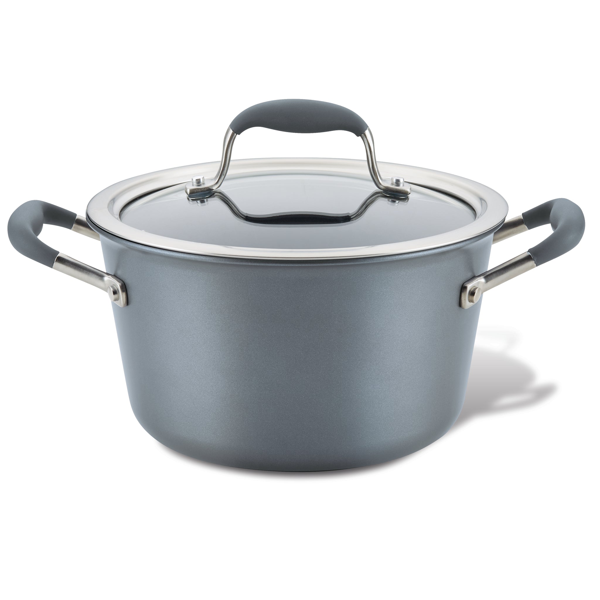 The Advanced Home 4.5-Quart Tapered Saucepot is a gray, stainless steel saucepot that comes with a glass lid featuring a metal rim and handle. It has black handles, and its sturdy, nonstick design makes it perfect for gourmet sauce-making and various cooking needs.