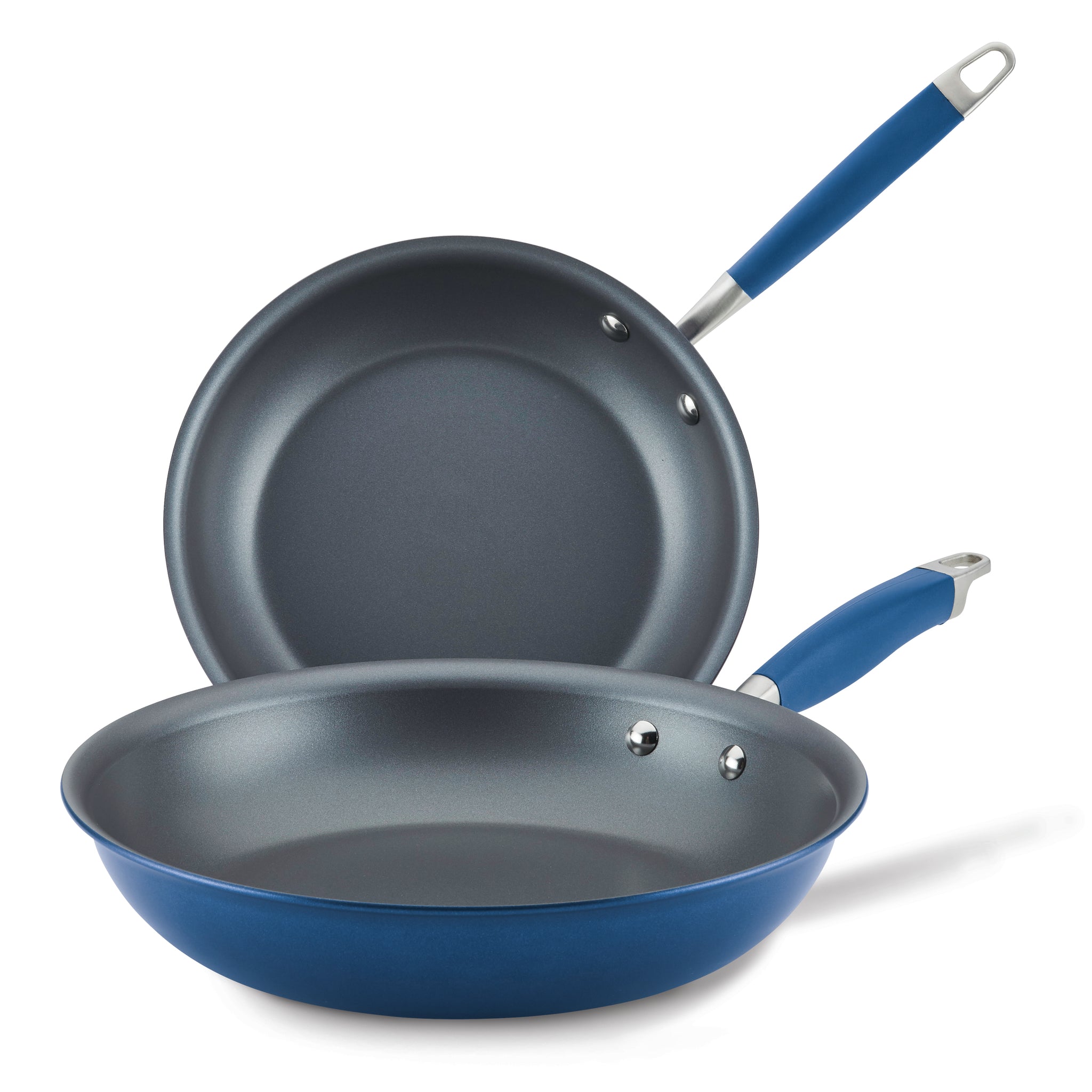 The Advanced Home 10.25 & 12.75-Inch Frying Pan Set features two hard-anodized aluminum pans with blue exteriors and handles, stacked together on a white background.