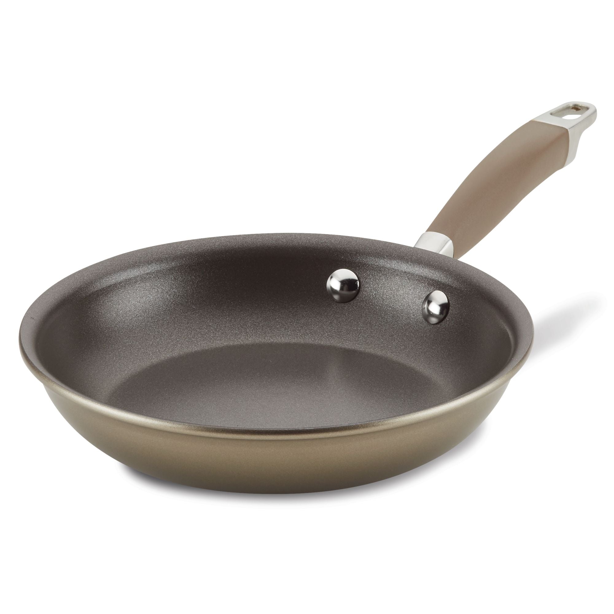 An Advanced Home Frying Pan with a brown exterior and light brown handle, featuring two interior rivets, is shown against a white background.