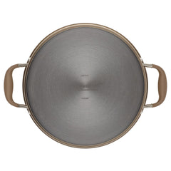 Top view of a round, metallic cooking pot lid featuring two light brown handles on each side. The hard-anodized lid showcases a brushed silver finish with engraved center markings, perfectly complementing your 5-quart Dutch oven from the Advanced Home Round Two Step Meal Set.