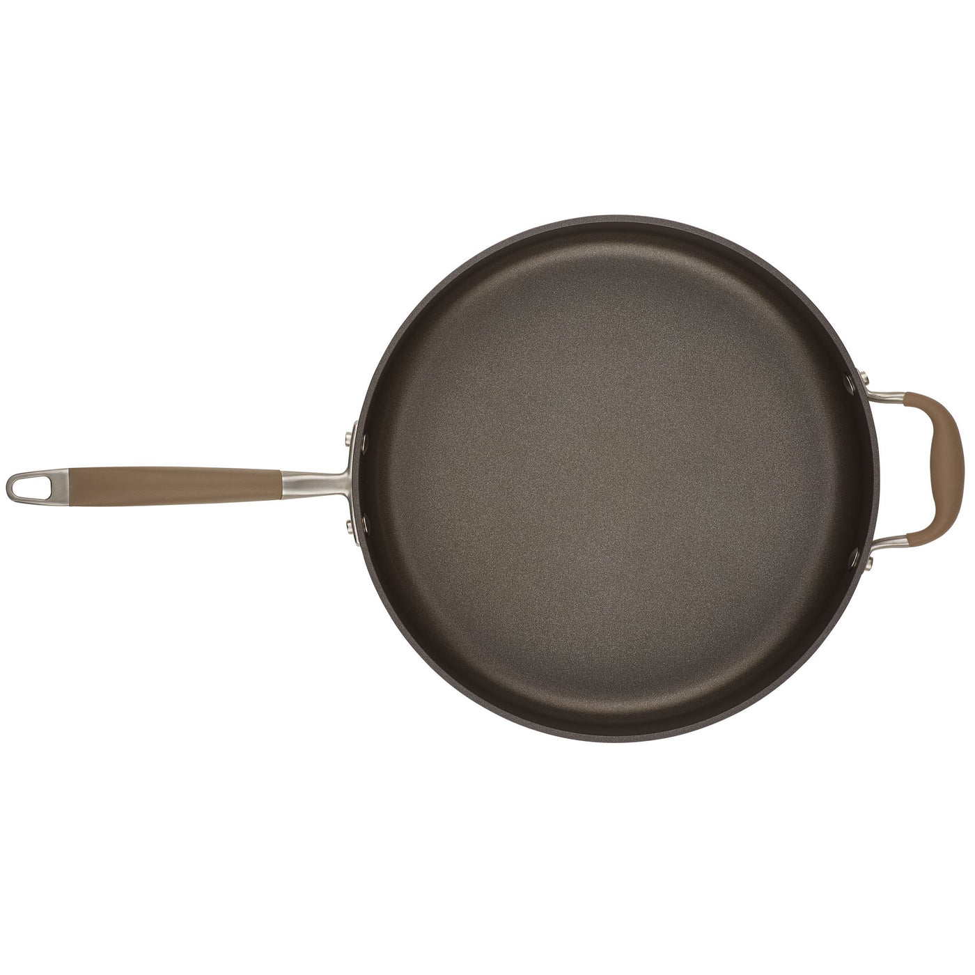 The Advanced Home 5-Quart Sauté Pan with Helper Handle boasts a nonstick frying surface and includes a long handle along with a small grip for added convenience. Its smooth, dark cooking surface is perfect for versatile kitchen tasks, and it comes equipped with a glass lid to help retain moisture and enhance flavor during cooking.