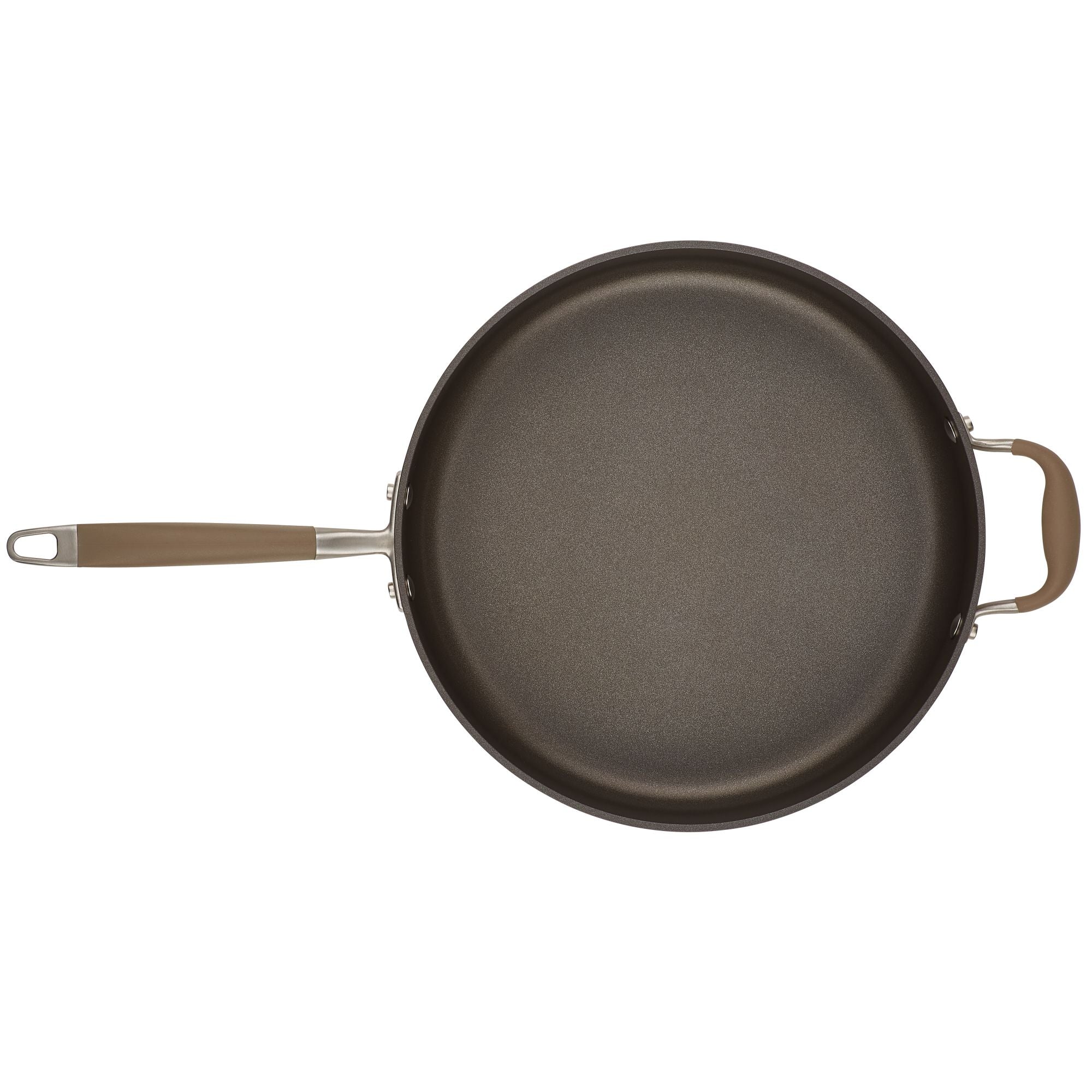 The Advanced Home 5-Quart Sauté Pan with Helper Handle boasts a nonstick frying surface and includes a long handle along with a small grip for added convenience. Its smooth, dark cooking surface is perfect for versatile kitchen tasks, and it comes equipped with a glass lid to help retain moisture and enhance flavor during cooking.