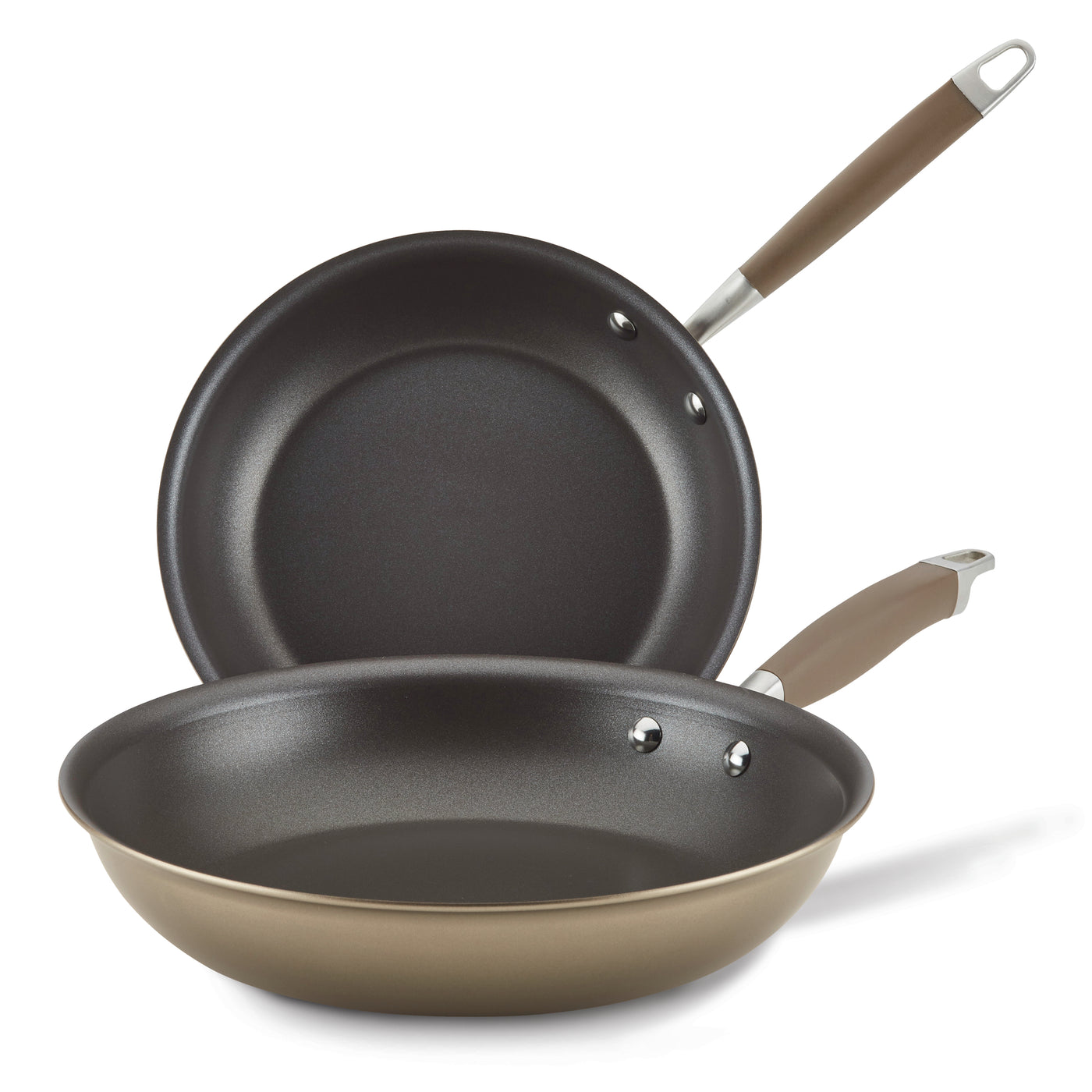 The Advanced Home 10.25 & 12.75-Inch Frying Pan Set features two nonstick skillets with hard-anodized aluminum exteriors and stylish brown handles with metal ends, stacked for a sleek, durable addition to your kitchen.
