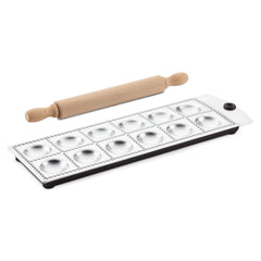 Introducing the Food Prep Ravioli Press with Mini Rolling Pin, designed from durable aluminum alloy. This mold features 12 round spaces with classic scalloped edges for shaping your pasta creations, paired with a lightweight wooden rolling pin for ideal sealing.