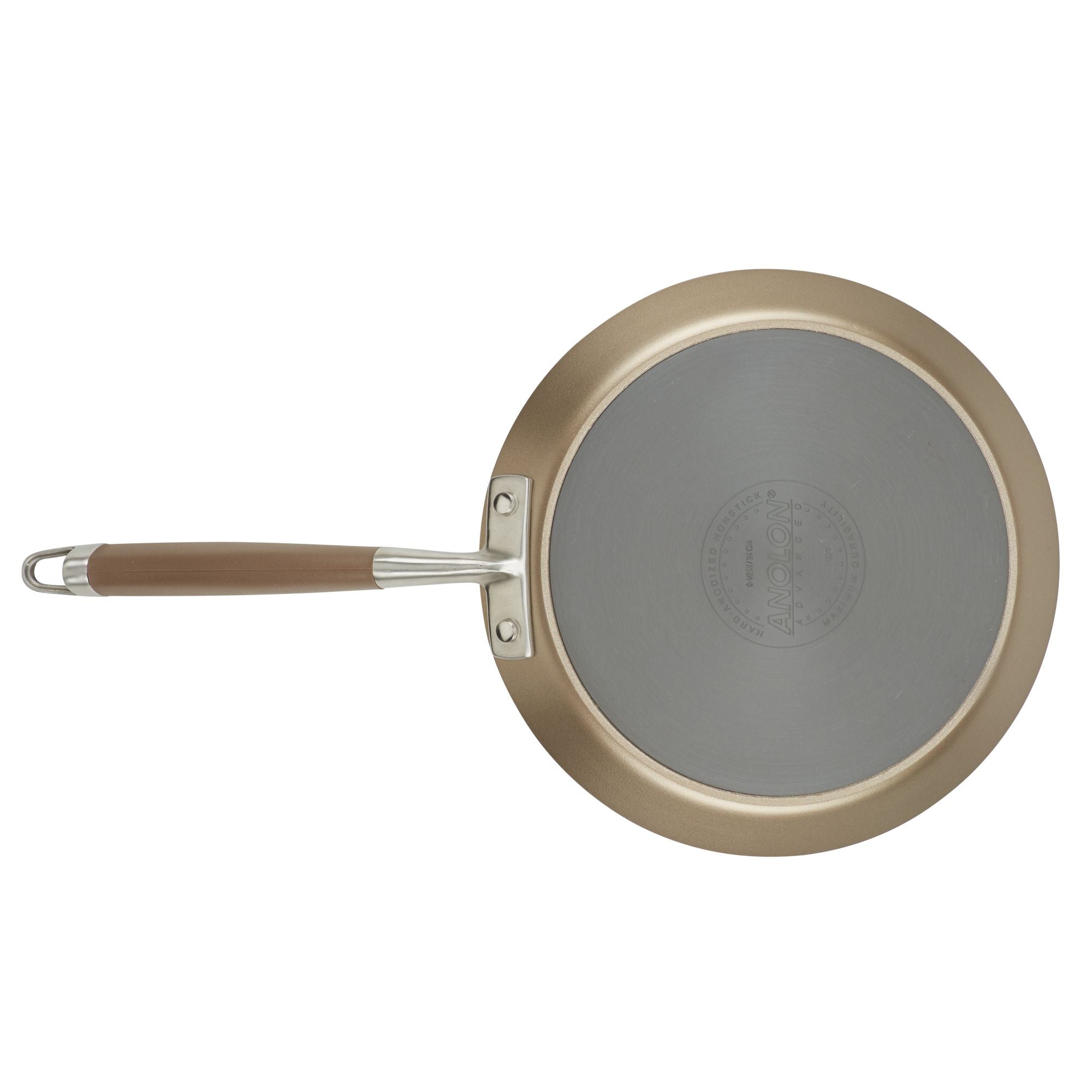 From an overhead perspective, the Advanced Home 9.5-Inch Crepe Pan features a circular non-stick surface with a central seal and text. This gray cooking area is complemented by a beige handle, secured with rivets and equipped with a metal loop at the end for convenient use.
