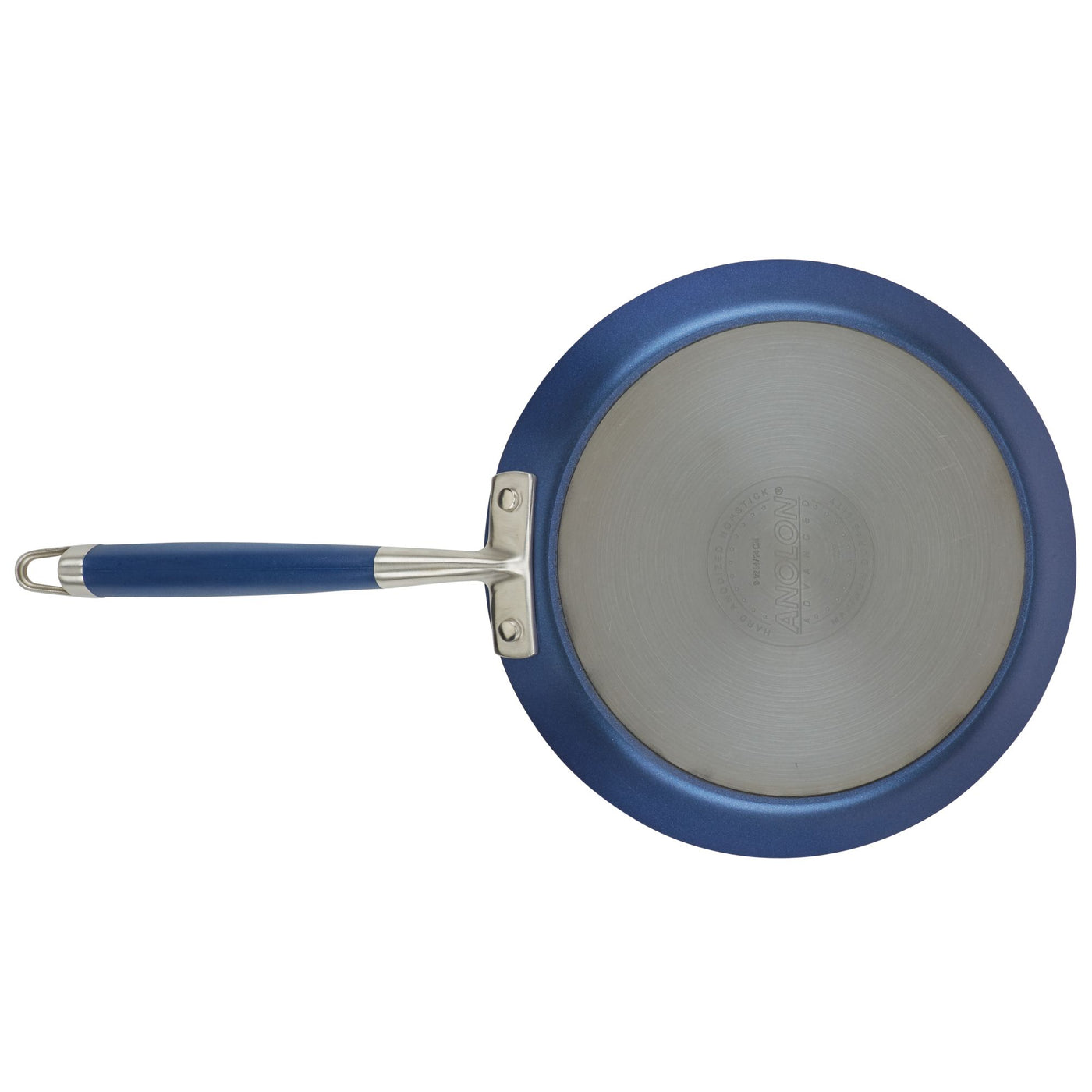 A view from the underside of Advanced Home's 9.5-Inch Crepe Pan, showcasing a sleek silver base complemented by a blue rim. Designed for effortless cooking, it includes a blue handle featuring a stainless steel grip at its tip.