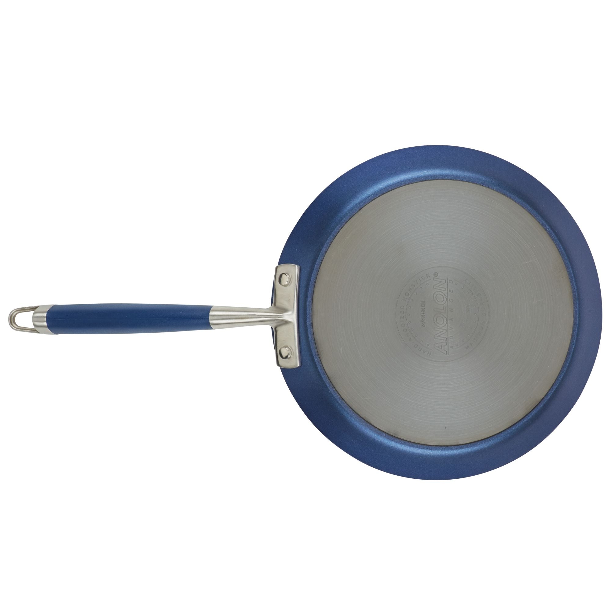 A view from the underside of Advanced Home's 9.5-Inch Crepe Pan, showcasing a sleek silver base complemented by a blue rim. Designed for effortless cooking, it includes a blue handle featuring a stainless steel grip at its tip.