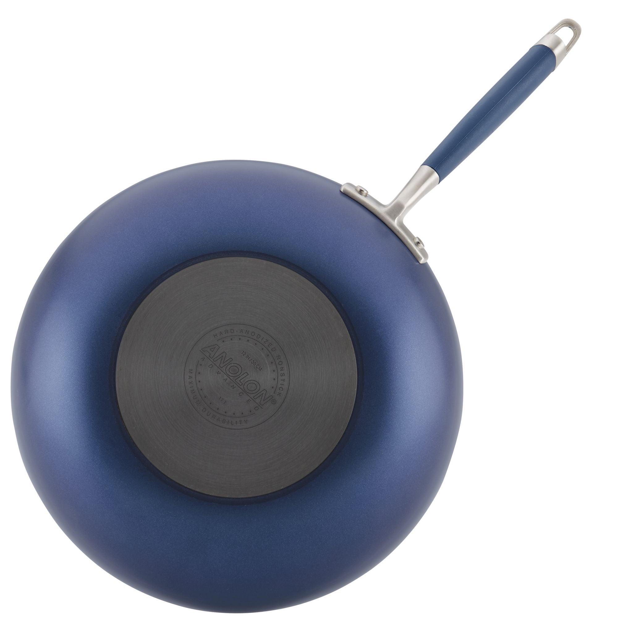 The 12-Inch Covered Ultimate Pan by Advanced is shown from the bottom. It features a blue nonstick finish, black circular base embossed with the brand name, and a silver handle with a blue grip—ideal for one-pan meals.