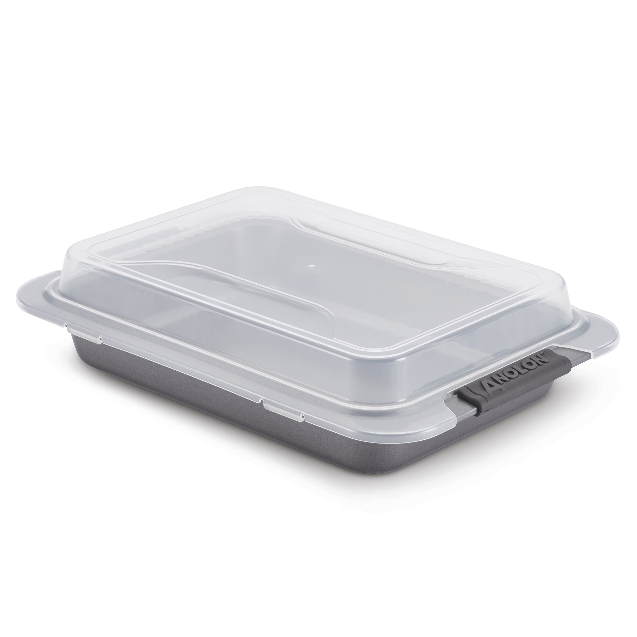 The Advanced 9 x 13-Inch Cake Pan with Lid features a versatile nonstick rectangular design, a clear plastic lid, and black side handles, shown on a white background.