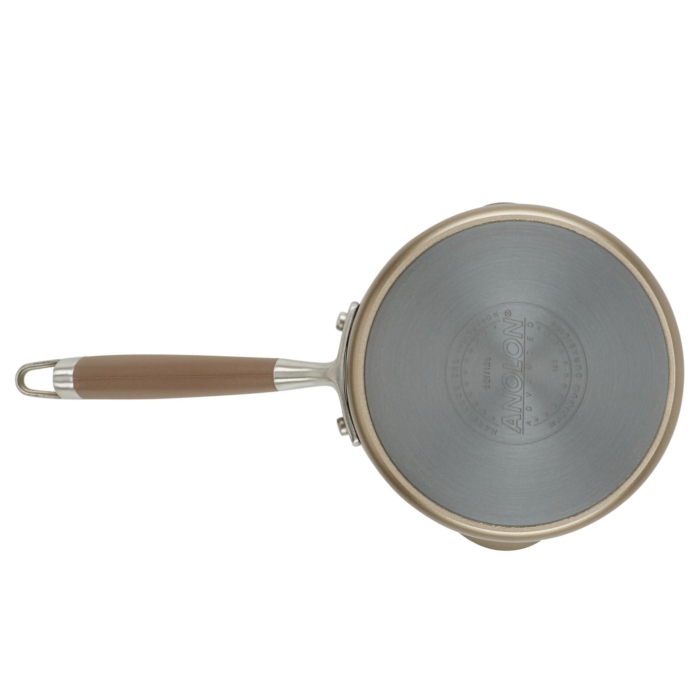 A top view of the Advanced Home 2-Quart Straining Saucepan reveals its hard-anodized nonstick surface and brown handle. The pan's bottom is adorned with embossed brand details and circular ridges, while the handle features a metal loop for convenient hanging.