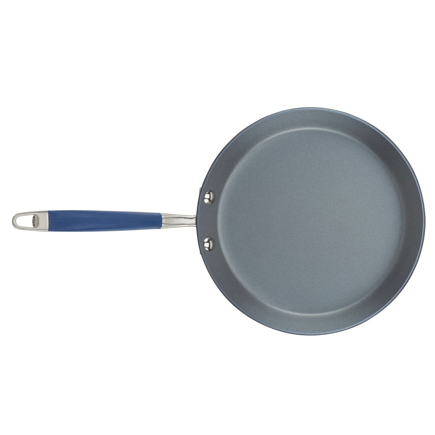 Seen from above, the Advanced Home 9.5-Inch Crepe Pan features a nonstick metal base and a blue handle with a hole at the end for convenient hanging. The pan's smooth surface is designed for easy cooking, making it ideal for creating delicate crepes.
