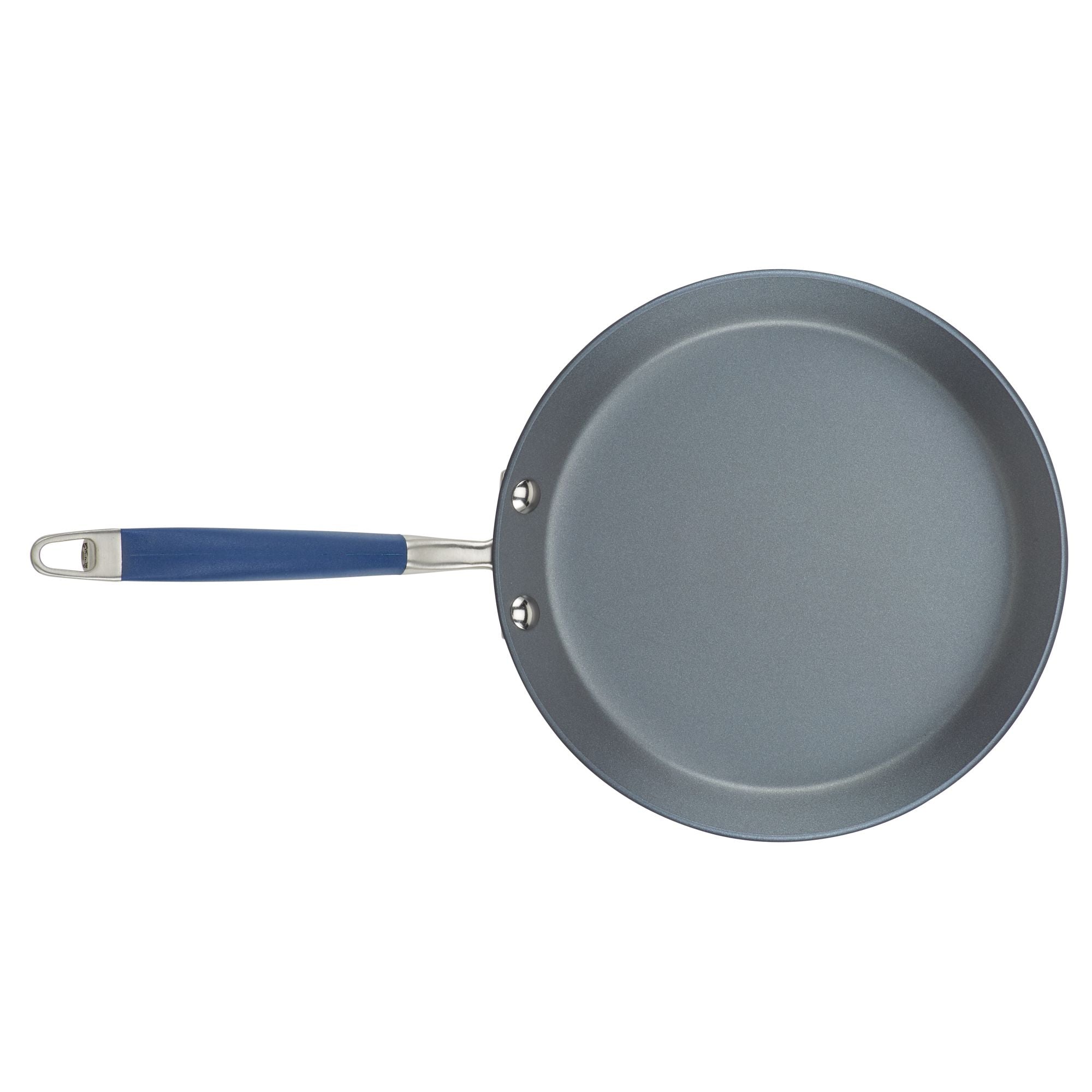 Seen from above, the Advanced Home 9.5-Inch Crepe Pan features a nonstick metal base and a blue handle with a hole at the end for convenient hanging. The pan's smooth surface is designed for easy cooking, making it ideal for creating delicate crepes.