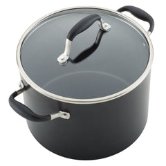 A notable piece from the Advanced Home 11-Piece Cookware Set is a spacious black pot made from durable hard anodized aluminum, complete with a glass lid accented by a stainless steel rim. This essential kitchen item is equipped with two side handles and a handle on the lid, all elegantly showcased against a white background.