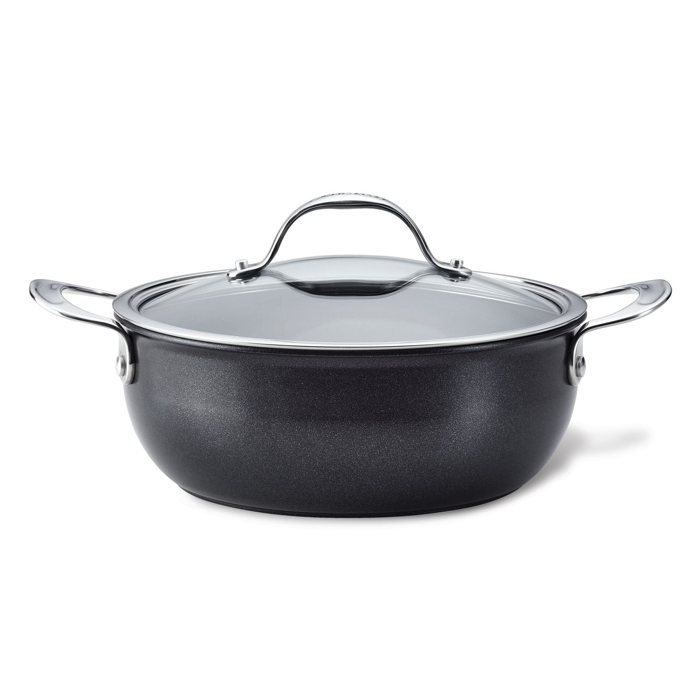 The Anolon X 4-Quart Hybrid Nonstick Casserole Pan showcases a sleek black design with a durable nonstick finish, a glass lid, metal handles, and a stainless steel base, set against a plain white background.