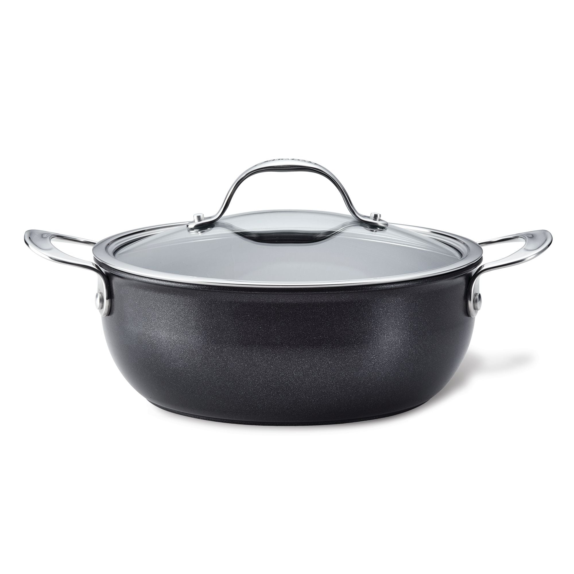 The Anolon X 4-Quart Hybrid Nonstick Casserole Pan showcases a sleek black design with a durable nonstick finish, a glass lid, metal handles, and a stainless steel base, set against a plain white background.