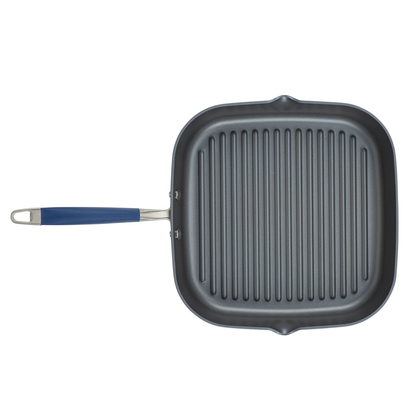 An 11-Inch Deep Square Grill Pan by Advanced Home, featuring a nonstick, ridged cooking surface and a long blue handle.