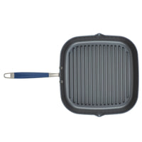 An 11-Inch Deep Square Grill Pan by Advanced Home, featuring a nonstick, ridged cooking surface and a long blue handle.